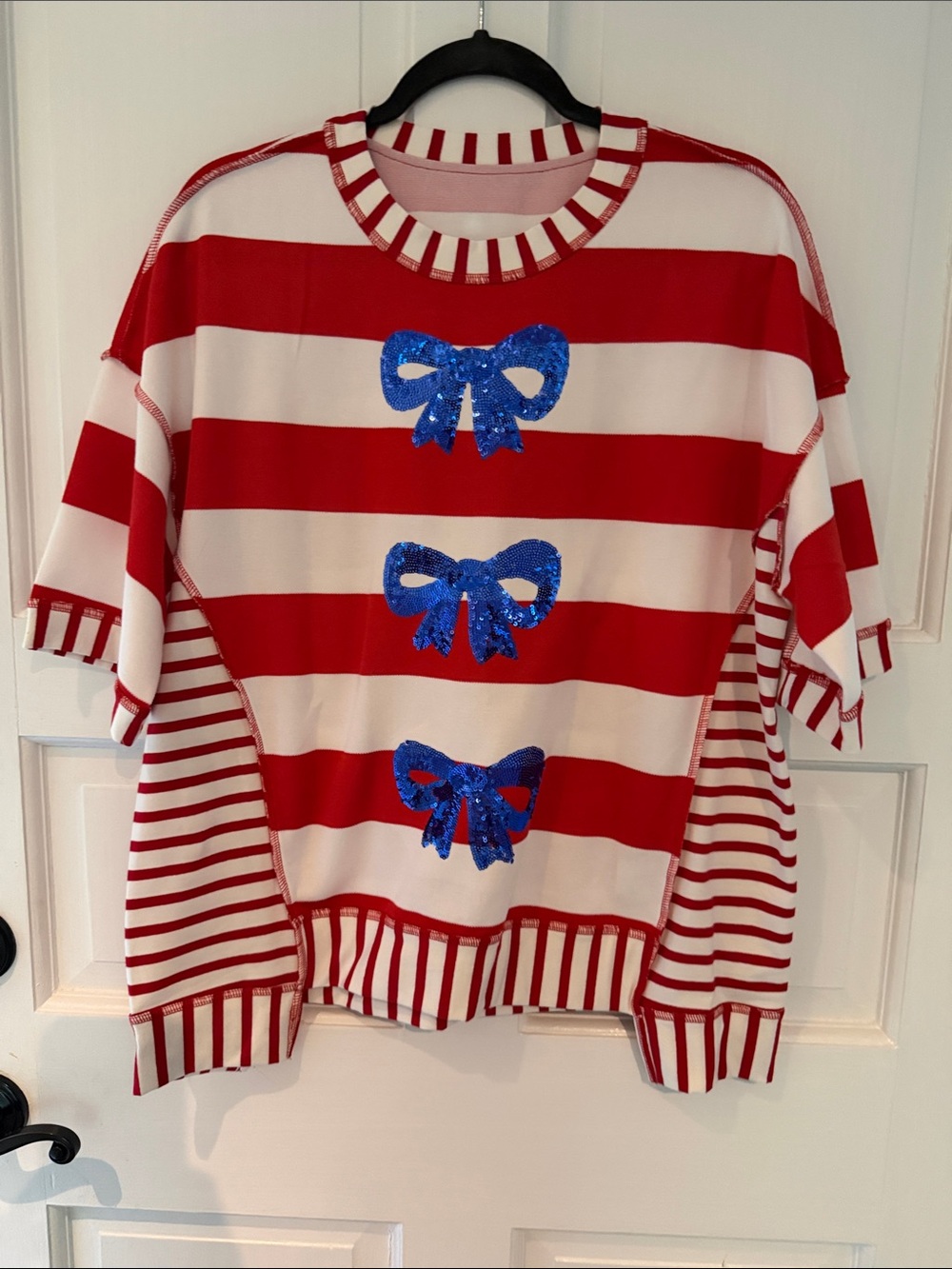 Red and White Striped Short-Sleeve Sweater with Blue Sequin Bows